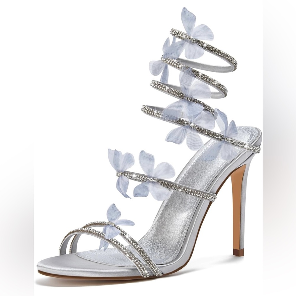 Elegant Silver Strappy Heels with Floral Accents